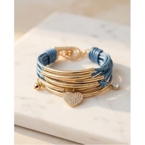 Cara New York Multi Strand Heart Charm Bracelet Gold Blue 8" NWT